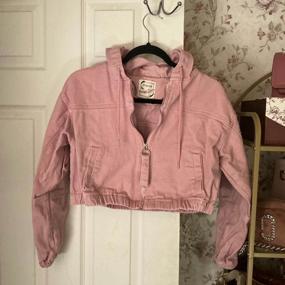 Pink Cropped Hoodie Denim Jacket